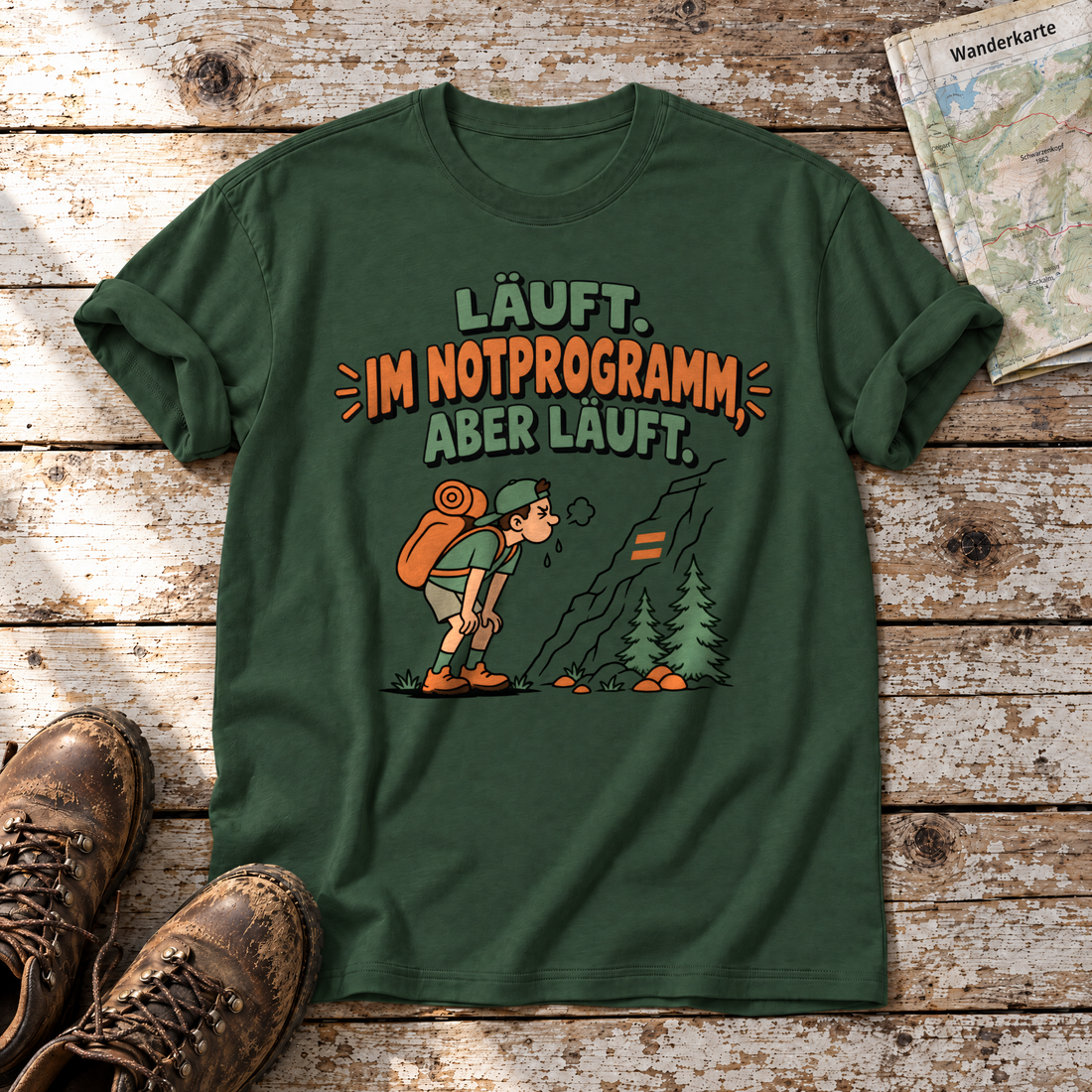 Im Notprogramm, aber läuft – T-Shirt Unisex in Flaschengrün, flach liegend auf alten Holzbrettern mit Wanderschuhen und Wanderkarte.