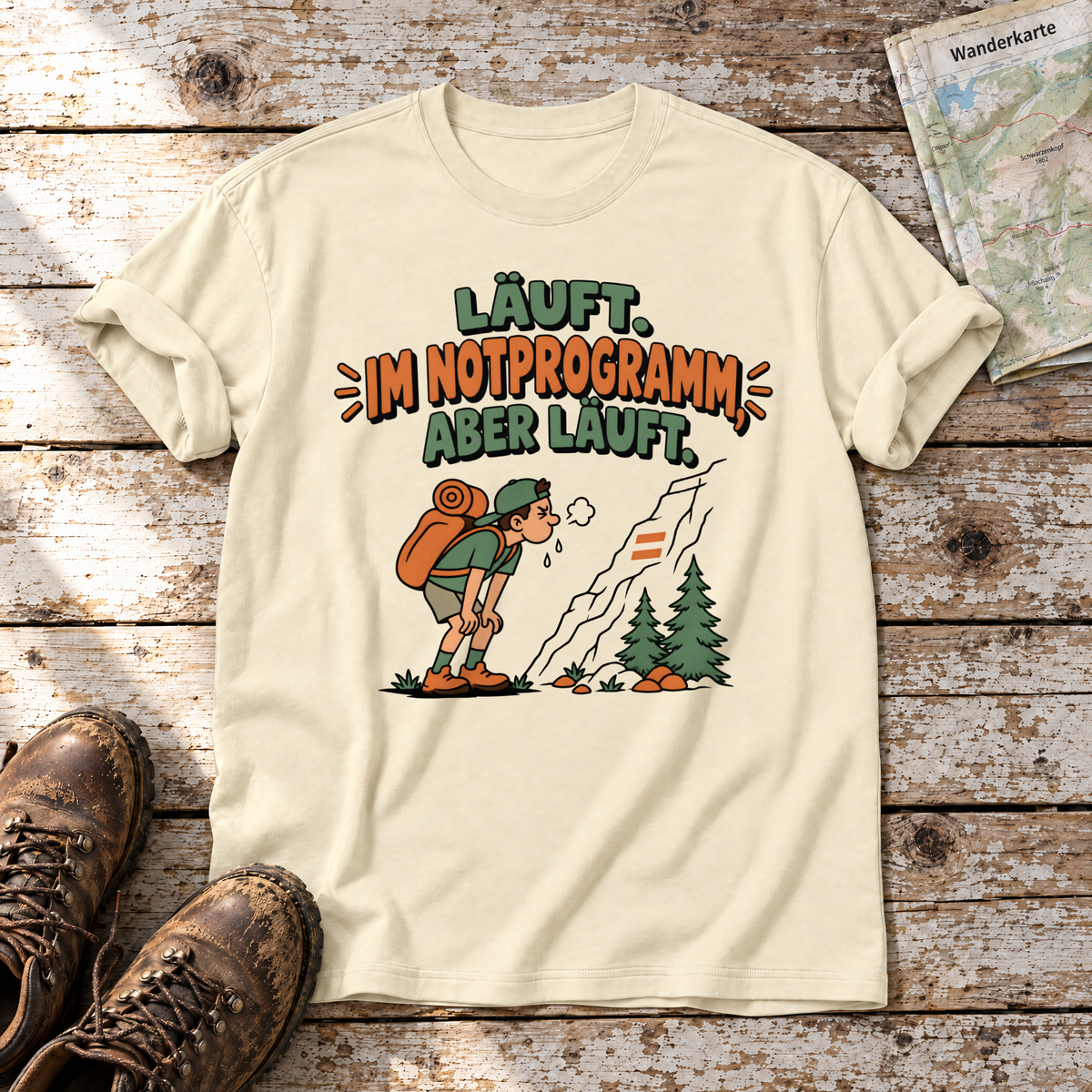 Im Notprogramm, aber läuft – T-Shirt Unisex in Natur, flach liegend auf alten Holzbrettern mit Wanderschuhen und Wanderkarte.