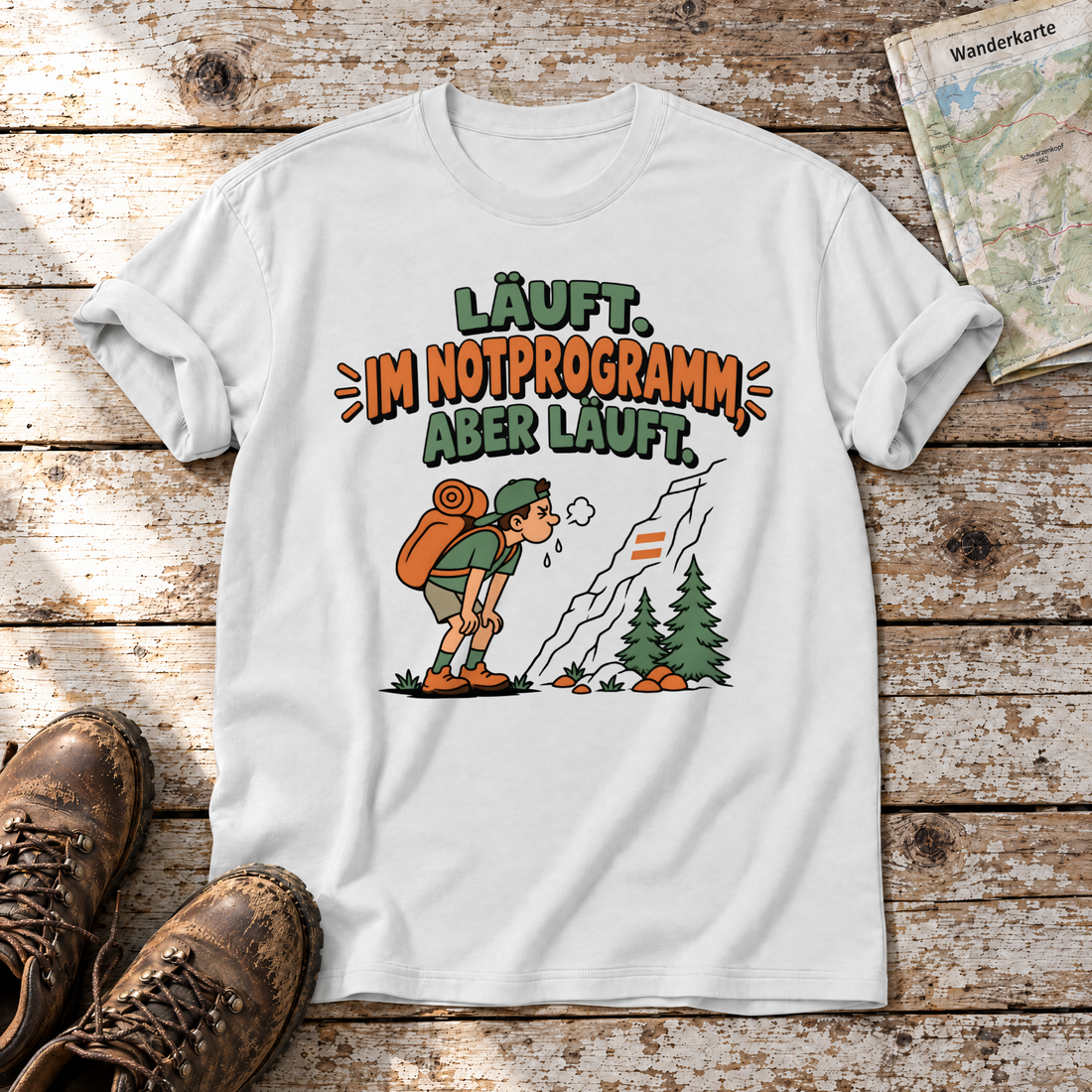 Im Notprogramm, aber läuft – T-Shirt Unisex in Weiß, flach liegend auf alten Holzbrettern mit Wanderschuhen und Wanderkarte.