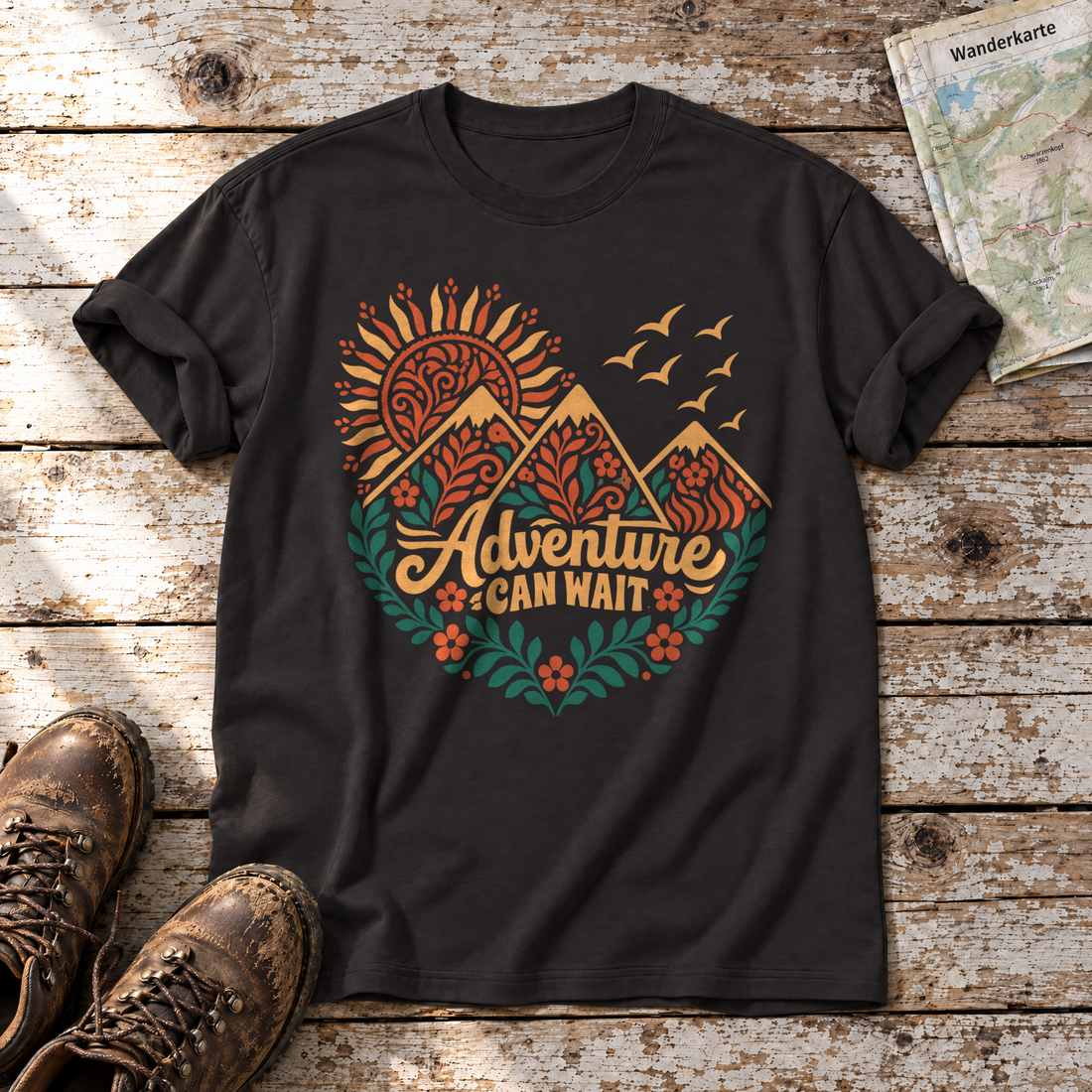 Adventure can wait – T-Shirt Unisex in Schwarz, flach liegend auf alten Holzbrettern mit Wanderschuhen und Wanderkarte.