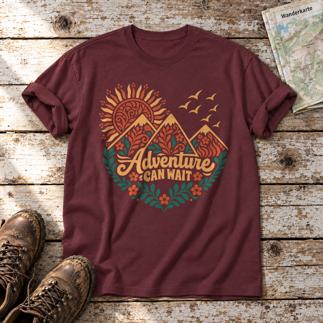 Adventure can wait – T-Shirt Unisex in Bordeaux, flach liegend auf alten Holzbrettern mit Wanderschuhen und Wanderkarte.