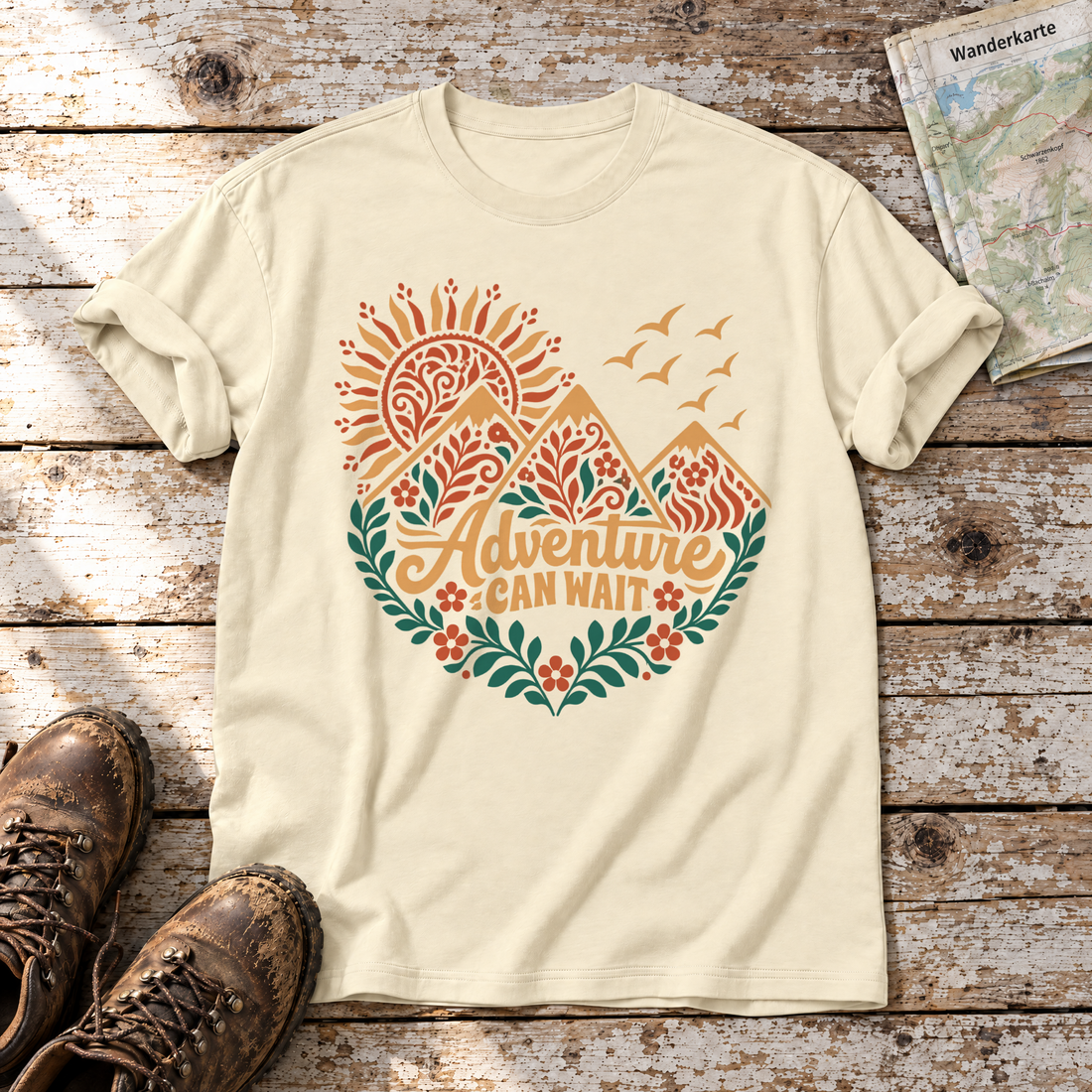 Adventure can wait – T-Shirt Unisex in Natur, flach liegend auf alten Holzbrettern mit Wanderschuhen und Wanderkarte.