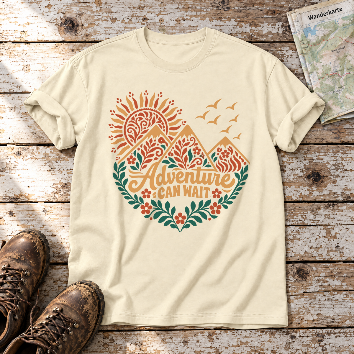 Adventure can wait – T-Shirt Unisex in Natur, flach liegend auf alten Holzbrettern mit Wanderschuhen und Wanderkarte.