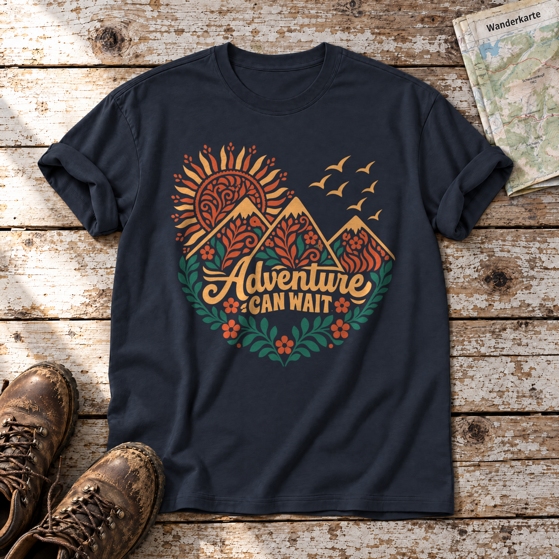 Adventure can wait – T-Shirt Unisex in Navy, flach liegend auf alten Holzbrettern mit Wanderschuhen und Wanderkarte.