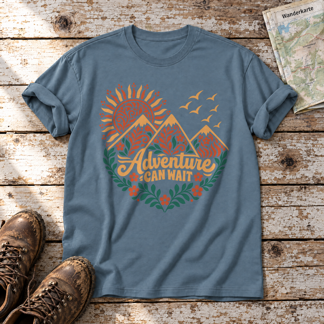 Adventure can wait – T-Shirt Unisex in Steinblau, flach liegend auf alten Holzbrettern mit Wanderschuhen und Wanderkarte.