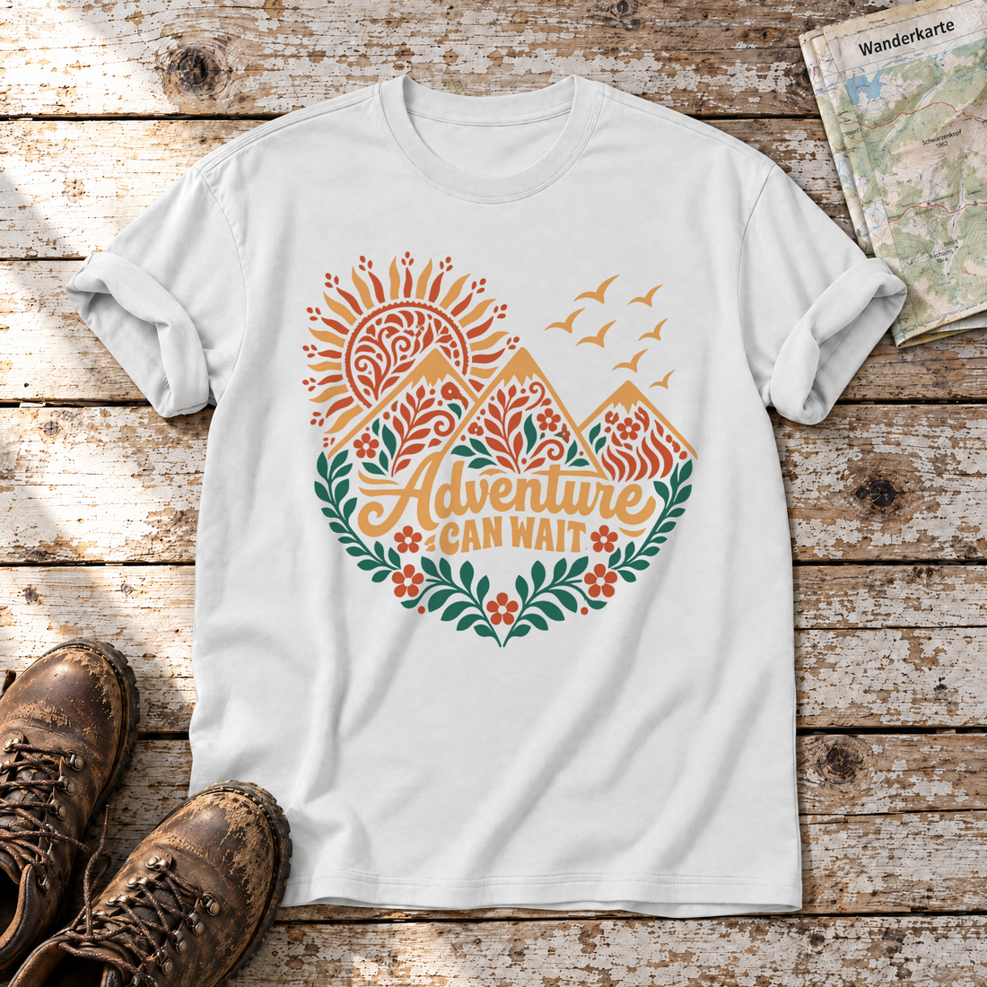 Adventure can wait – T-Shirt Unisex in Weiß, flach liegend auf alten Holzbrettern mit Wanderschuhen und Wanderkarte.