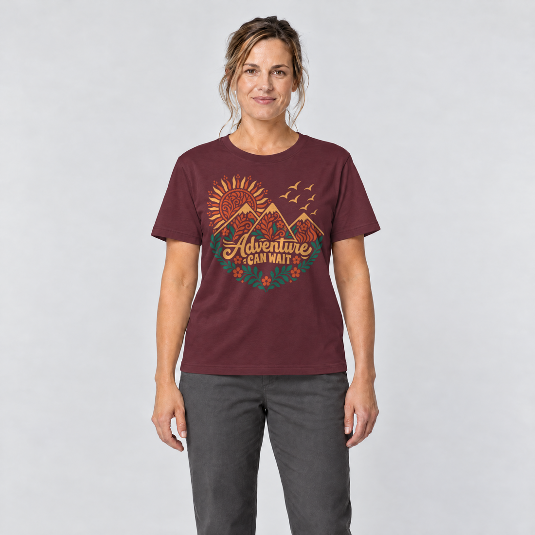Frau trägt Adventure can wait – T-Shirt Unisex in Bordeaux, Ansicht von vorn