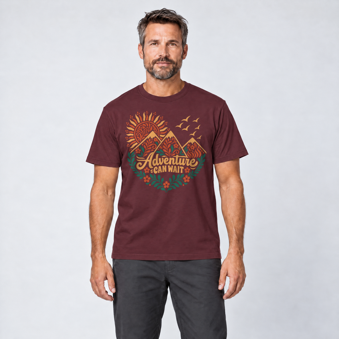 Mann trägt Adventure can wait – T-Shirt Unisex in Bordeaux, Ansicht von vorn