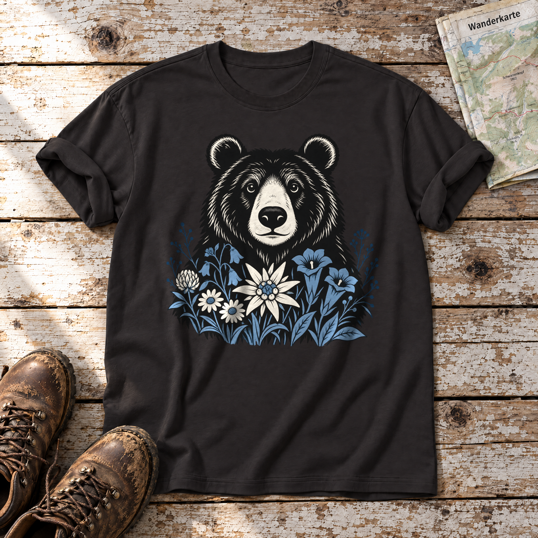 Bär in der Alpenwiese – T-Shirt Unisex in Schwarz, flach liegend auf alten Holzbrettern mit Wanderschuhen und Wanderkarte.