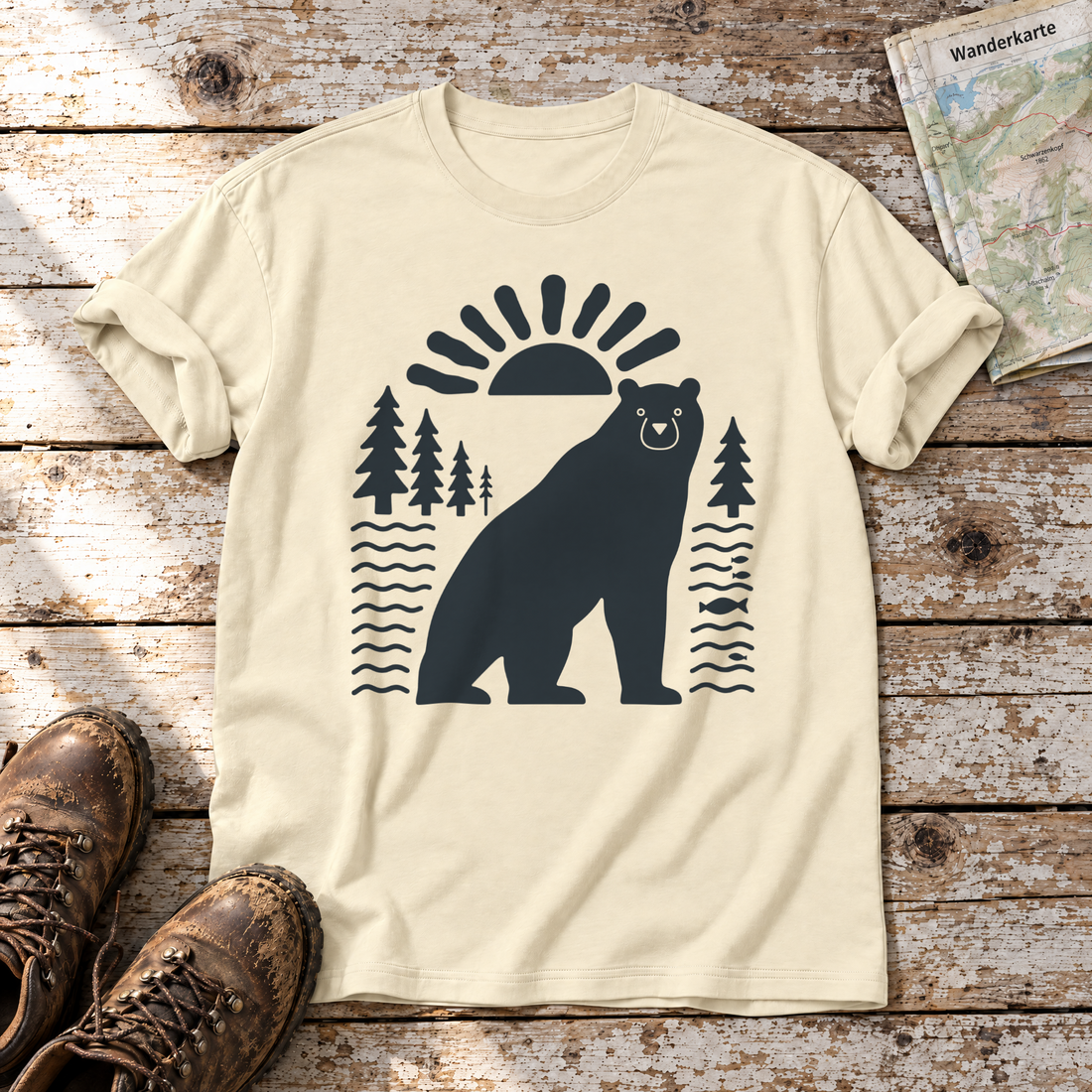 Bär im Sonnenbogen – T-Shirt Unisex in Natur, flach liegend auf alten Holzbrettern mit Wanderschuhen und Wanderkarte.