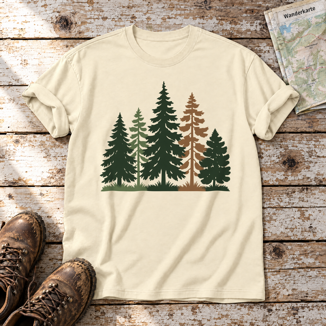 Waldrand – T-Shirt Unisex in Natur, flach liegend auf alten Holzbrettern mit Wanderschuhen und Wanderkarte.