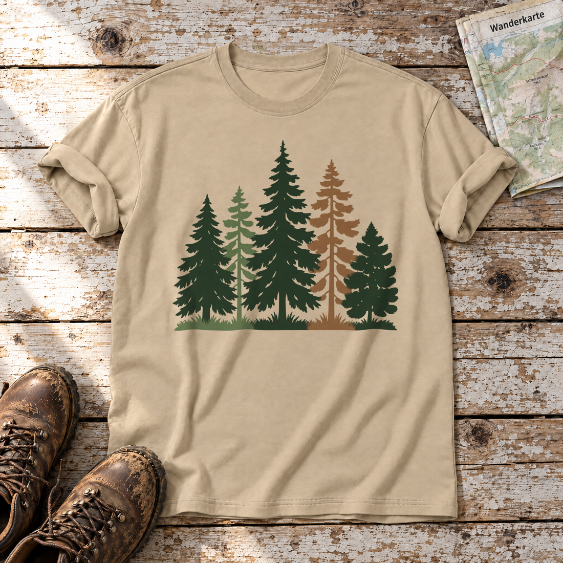 Waldrand – T-Shirt Unisex in Sand, flach liegend auf alten Holzbrettern mit Wanderschuhen und Wanderkarte.