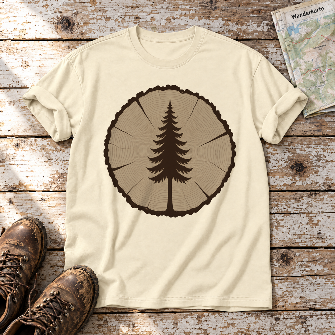 Fichte in der Baumscheibe – T-Shirt Unisex in Natur, flach liegend auf alten Holzbrettern mit Wanderschuhen und Wanderkarte.