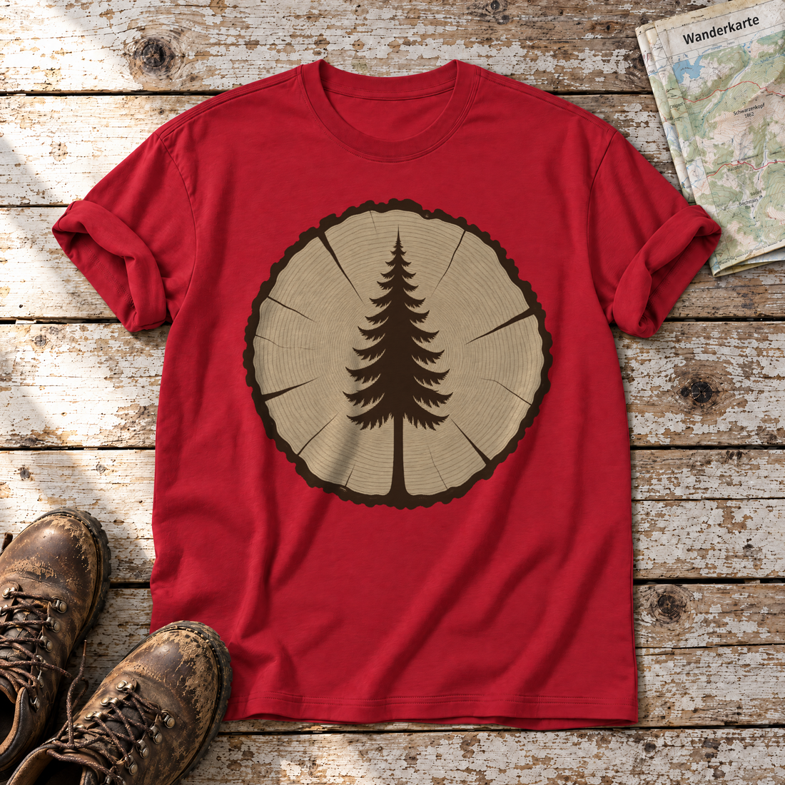 Fichte in der Baumscheibe – T-Shirt Unisex in Rot, flach liegend auf alten Holzbrettern mit Wanderschuhen und Wanderkarte.
