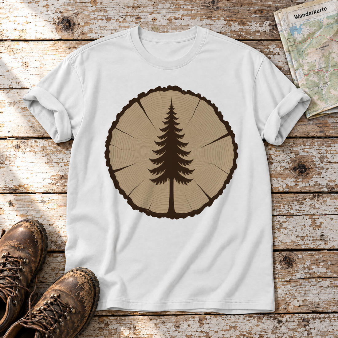 Fichte in der Baumscheibe – T-Shirt Unisex in Weiß, flach liegend auf alten Holzbrettern mit Wanderschuhen und Wanderkarte.