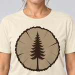 Nahaufnahme des Drucks: Fichte in der Baumscheibe – T-Shirt Unisex in Natur, von einer Frau getragen