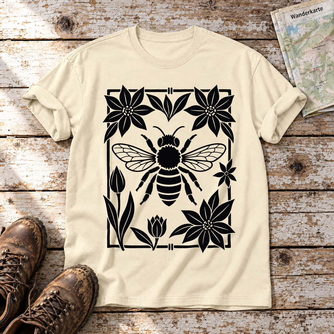 Biene im Blütenrahmen – T-Shirt Unisex in Natur, flach liegend auf alten Holzbrettern mit Wanderschuhen und Wanderkarte.