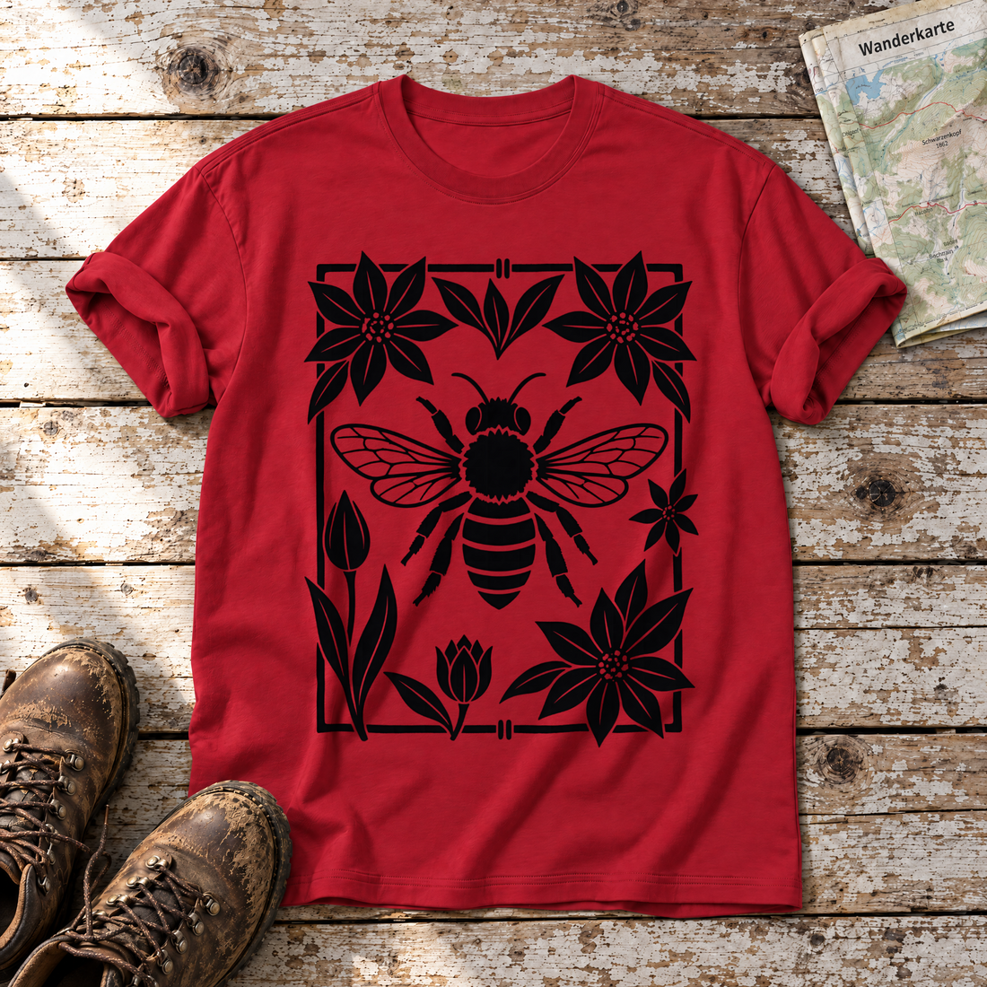 Biene im Blütenrahmen – T-Shirt Unisex in Rot, flach liegend auf alten Holzbrettern mit Wanderschuhen und Wanderkarte.