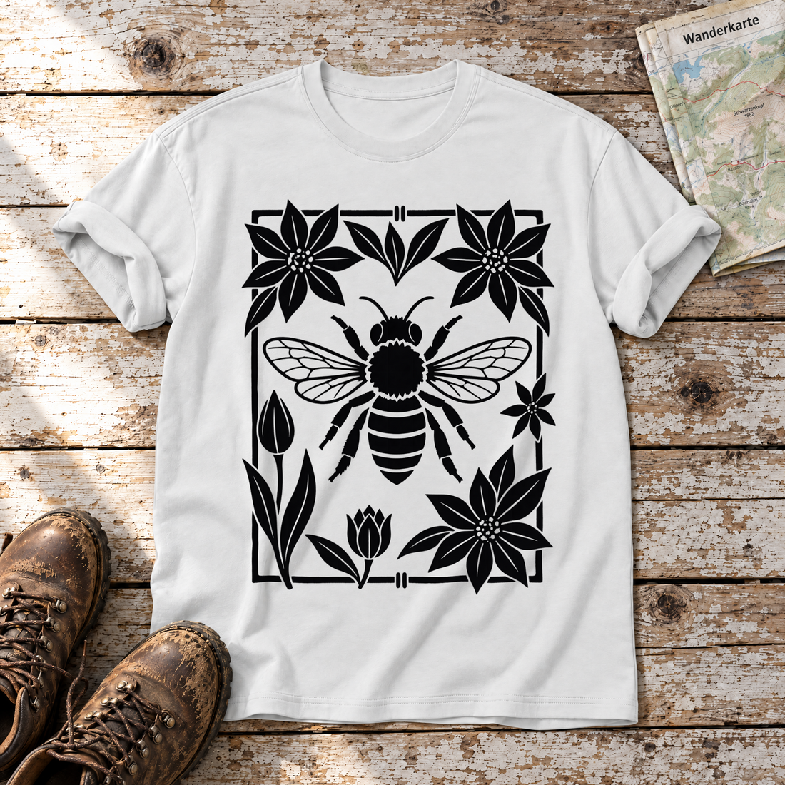 Biene im Blütenrahmen – T-Shirt Unisex in Weiß, flach liegend auf alten Holzbrettern mit Wanderschuhen und Wanderkarte.