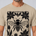 Nahaufnahme des Drucks: Biene im Blütenrahmen – T-Shirt Unisex in Sand, von einem Mann getragen