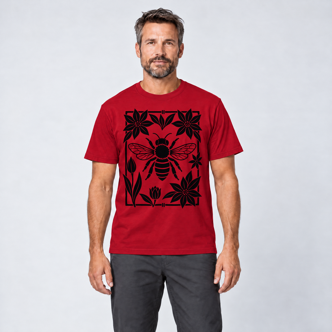 Mann trägt Biene im Blütenrahmen – T-Shirt Unisex in Rot, Ansicht von vorn