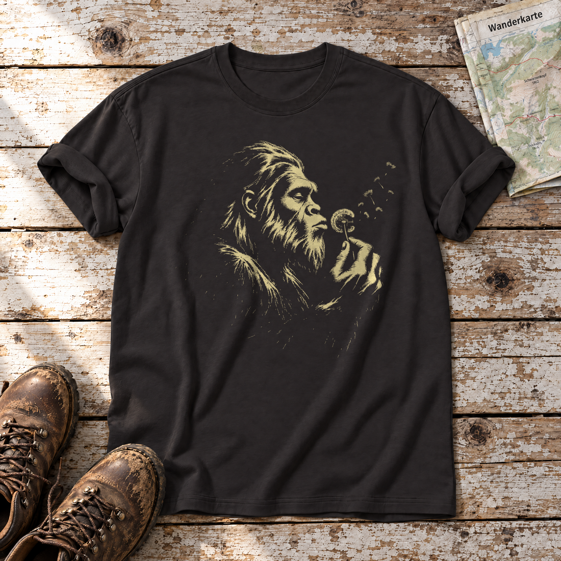 Bigfoot mit Pusteblume – T-Shirt Unisex in Schwarz, flach liegend auf alten Holzbrettern mit Wanderschuhen und Wanderkarte.