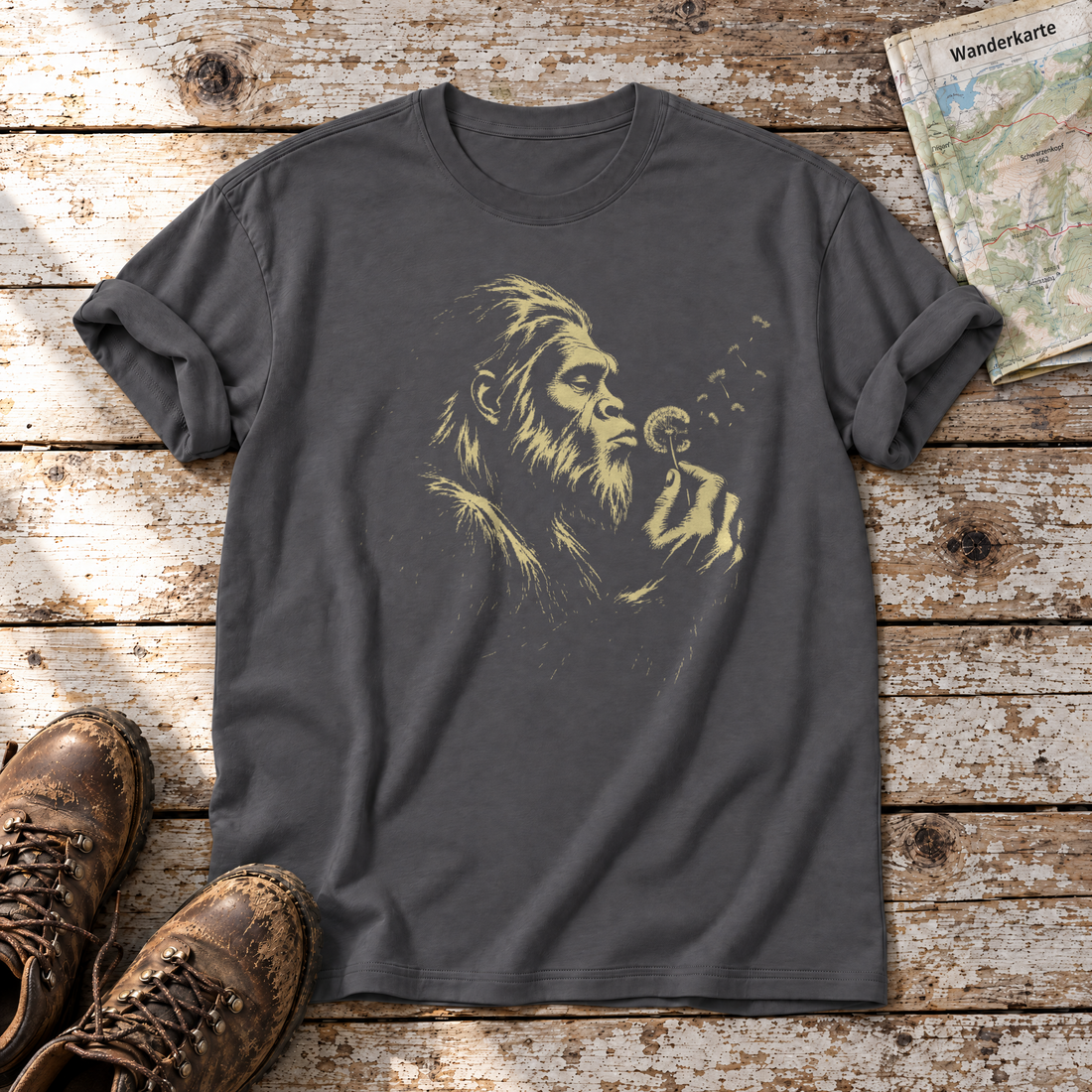 Bigfoot mit Pusteblume – T-Shirt Unisex in Dunkelgrau, flach liegend auf alten Holzbrettern mit Wanderschuhen und Wanderkarte.