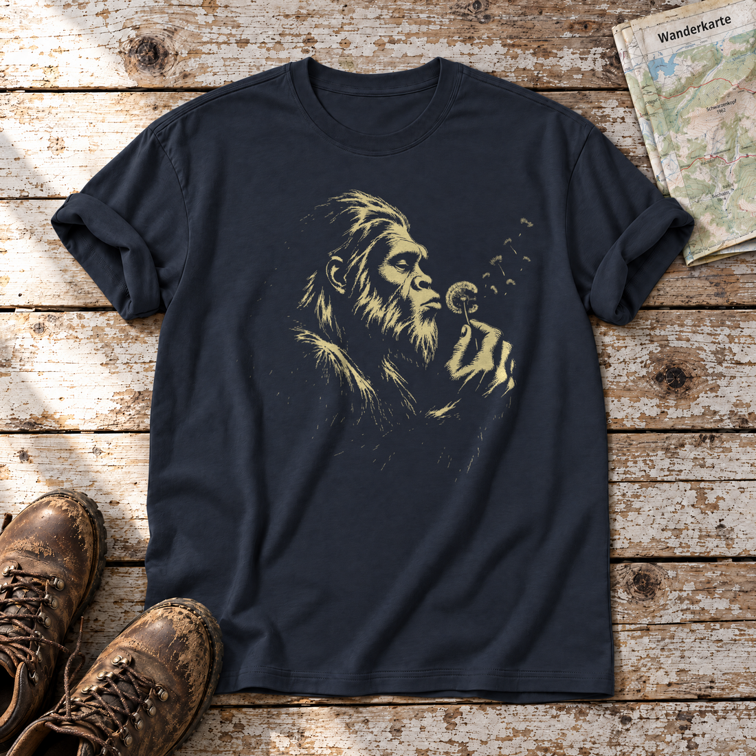 Bigfoot mit Pusteblume – T-Shirt Unisex in Navy, flach liegend auf alten Holzbrettern mit Wanderschuhen und Wanderkarte.