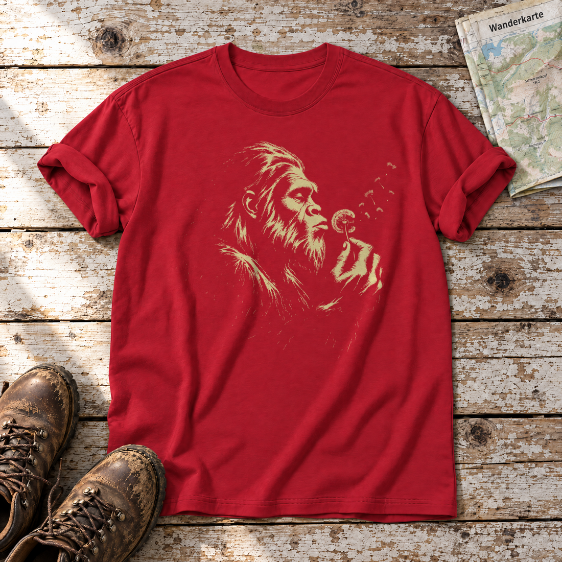 Bigfoot mit Pusteblume – T-Shirt Unisex in Rot, flach liegend auf alten Holzbrettern mit Wanderschuhen und Wanderkarte.