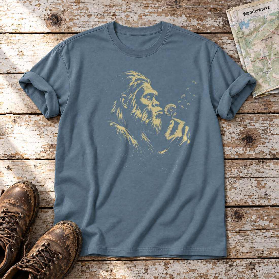 Bigfoot mit Pusteblume – T-Shirt Unisex in Steinblau, flach liegend auf alten Holzbrettern mit Wanderschuhen und Wanderkarte.