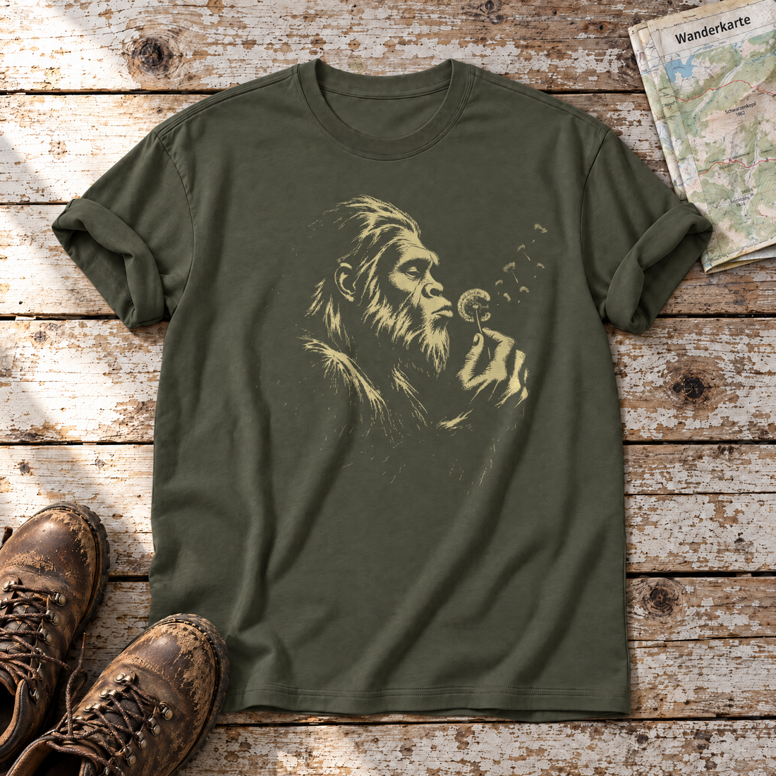 Bigfoot mit Pusteblume – T-Shirt Unisex in Oliv, flach liegend auf alten Holzbrettern mit Wanderschuhen und Wanderkarte.