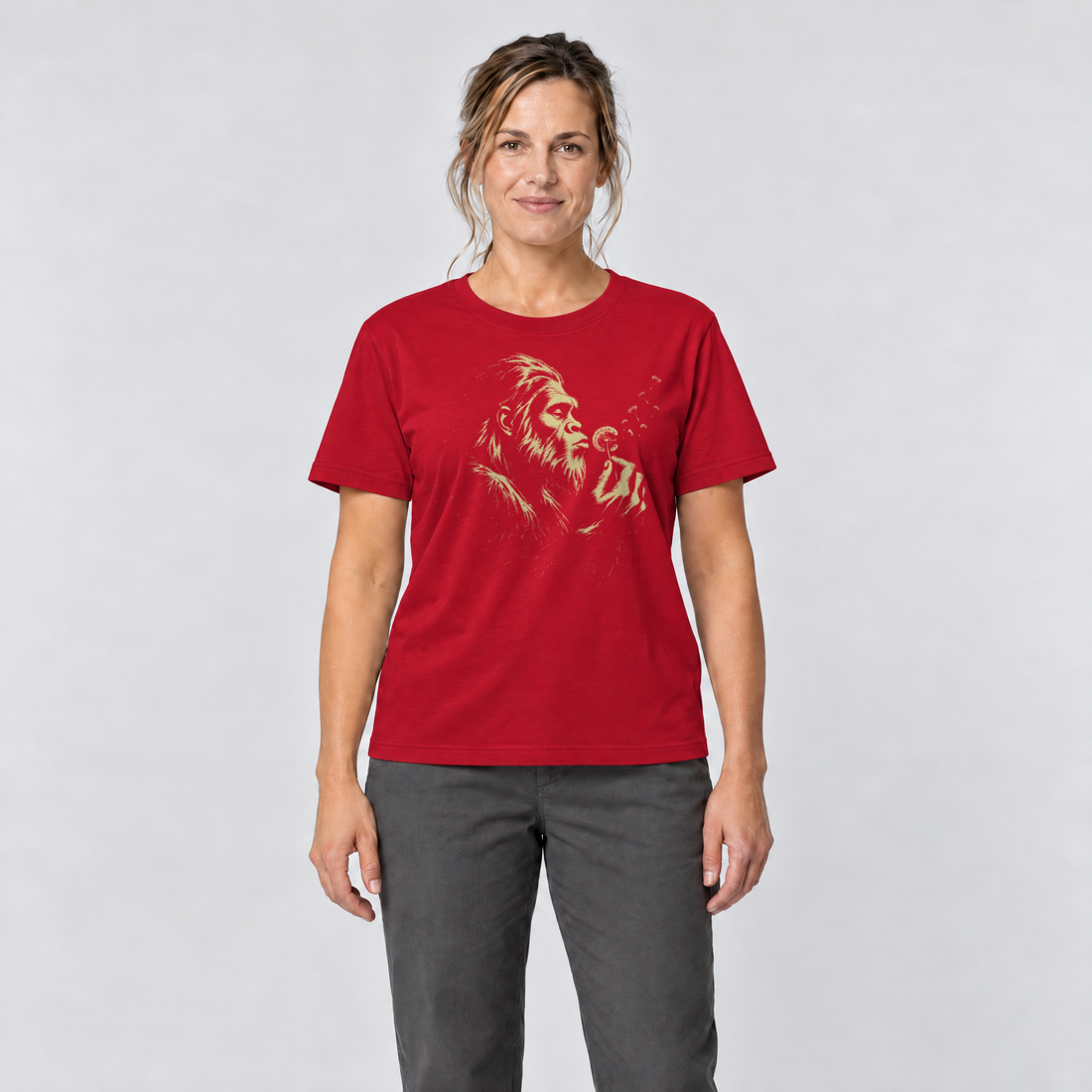 Frau trägt Bigfoot mit Pusteblume – T-Shirt Unisex in Rot, Ansicht von vorn