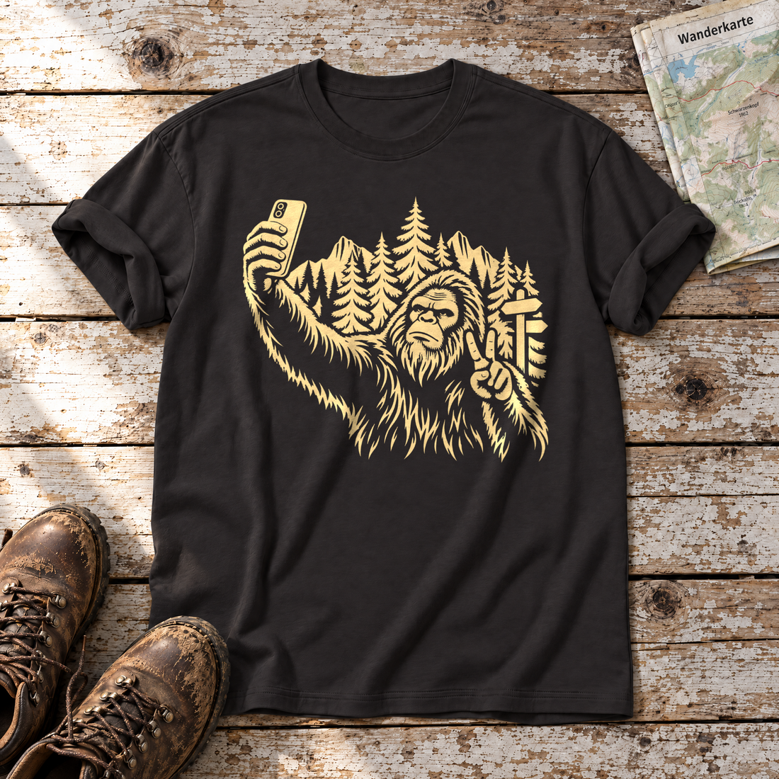 Bigfoot-Selfie im Bergwald – T-Shirt Unisex in Schwarz, flach liegend auf alten Holzbrettern mit Wanderschuhen und Wanderkarte.