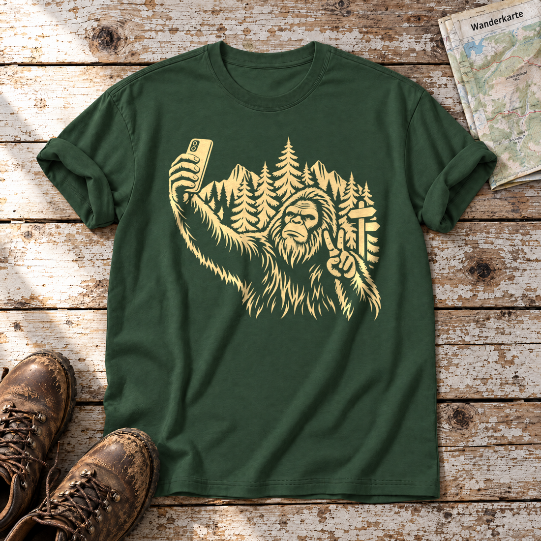 Bigfoot-Selfie im Bergwald – T-Shirt Unisex in Flaschengrün, flach liegend auf alten Holzbrettern mit Wanderschuhen und Wanderkarte.