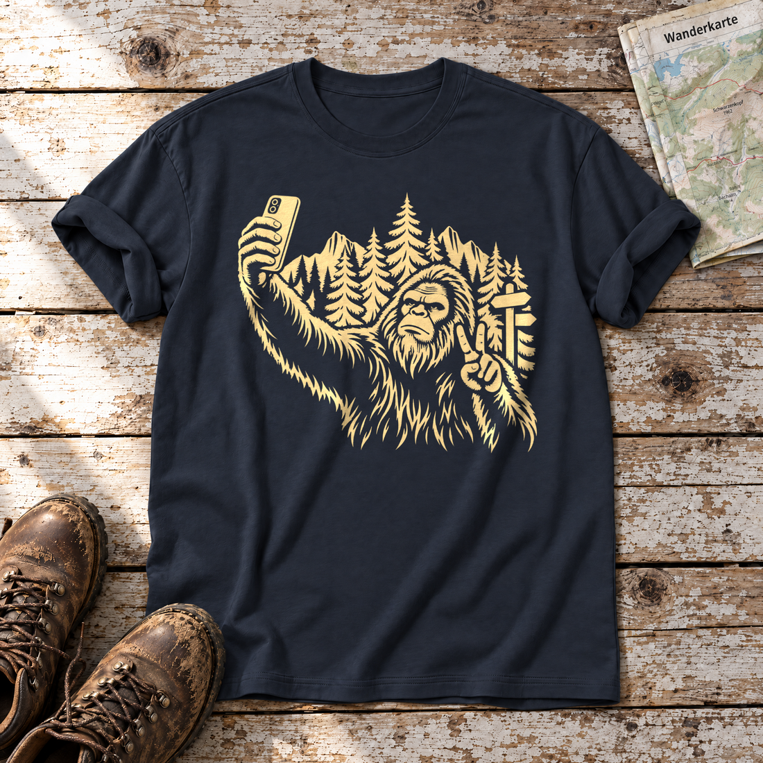 Bigfoot-Selfie im Bergwald – T-Shirt Unisex in Navy, flach liegend auf alten Holzbrettern mit Wanderschuhen und Wanderkarte.