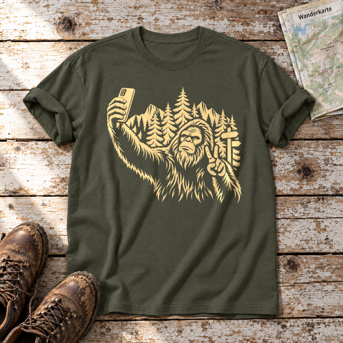 Bigfoot-Selfie im Bergwald – T-Shirt Unisex in Oliv, flach liegend auf alten Holzbrettern mit Wanderschuhen und Wanderkarte.