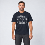 Mann trägt Bitte nur bis zur Hütte – T-Shirt Unisex in Navy, Ansicht von vorn