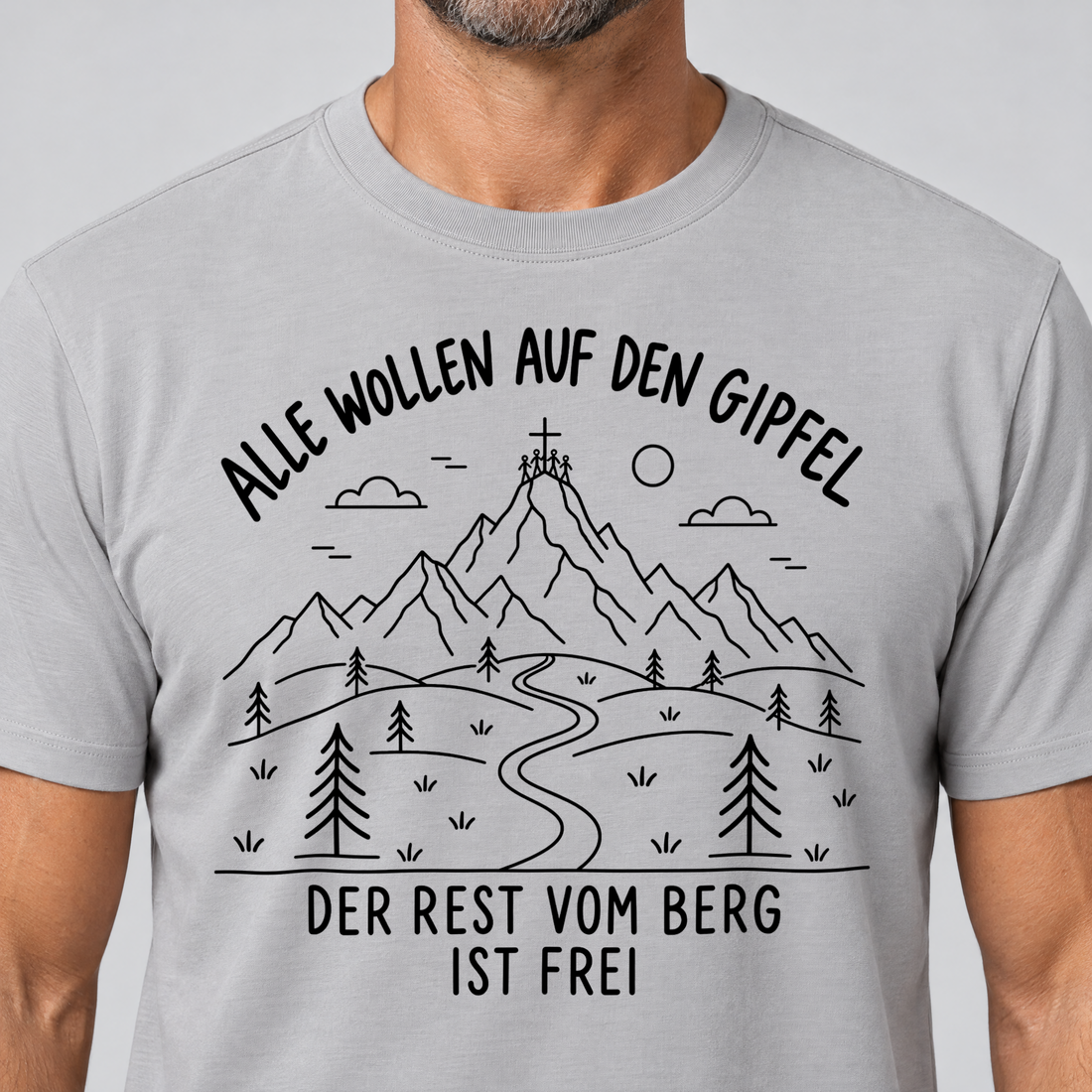 Nahaufnahme des Drucks: Der Rest vom Berg ist frei – T-Shirt Unisex in Hellgrau, von einem Mann getragen