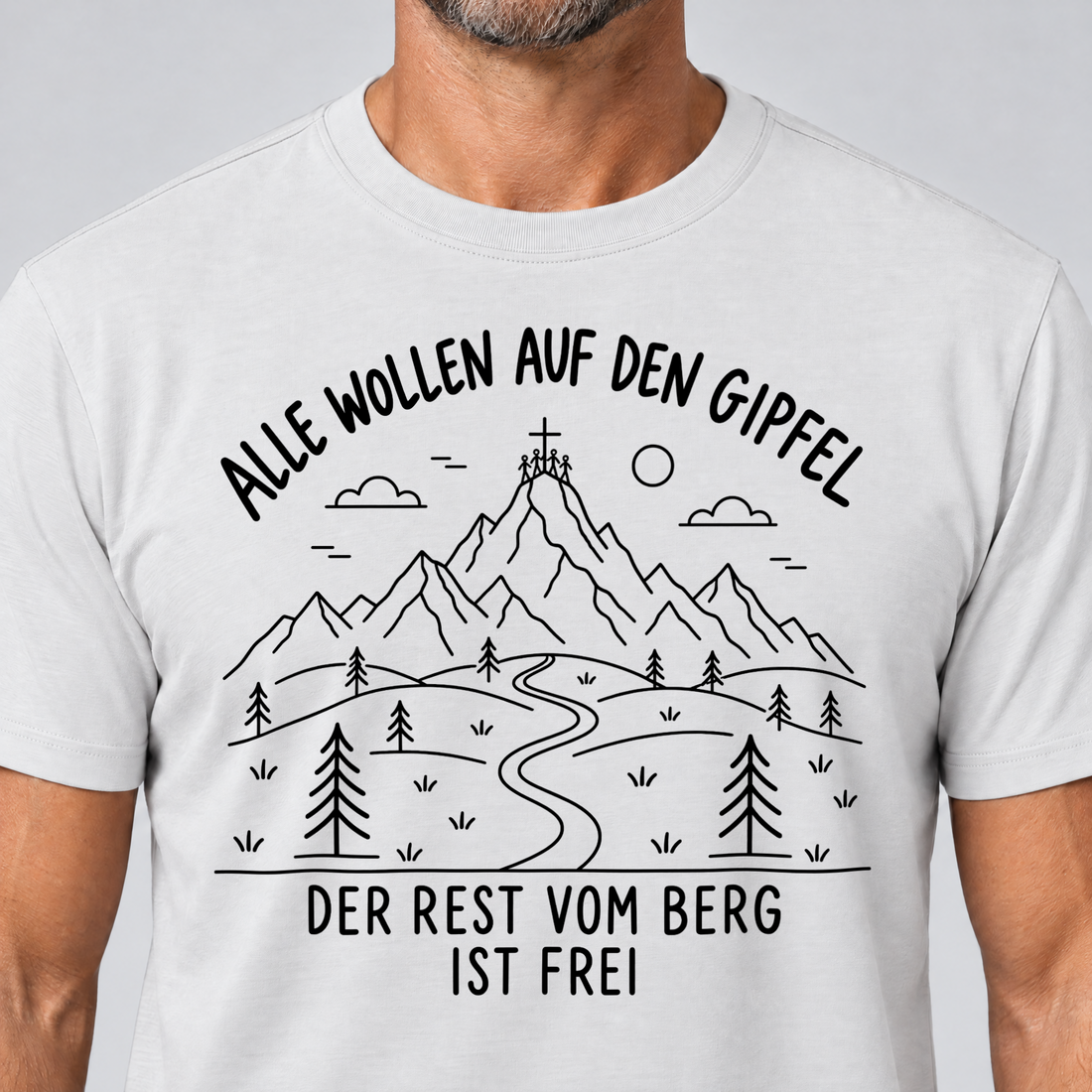 Nahaufnahme des Drucks: Der Rest vom Berg ist frei – T-Shirt Unisex in Weiß, von einem Mann getragen