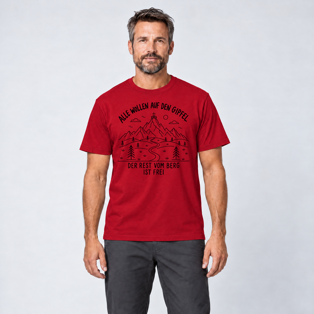Mann trägt Der Rest vom Berg ist frei – T-Shirt Unisex in Rot, Ansicht von vorn