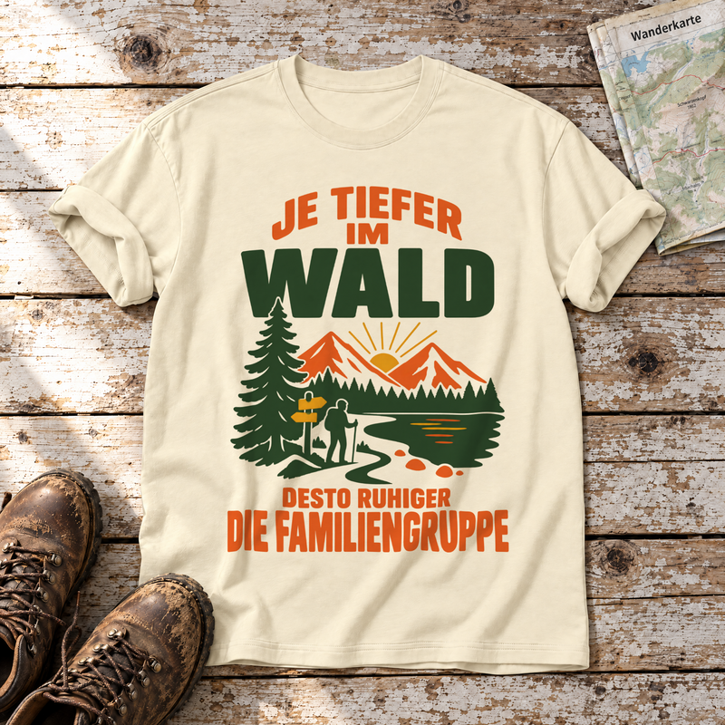 Desto ruhiger die Familiengruppe – T-Shirt Unisex in Natur, flach liegend auf alten Holzbrettern mit Wanderschuhen und Wanderkarte.