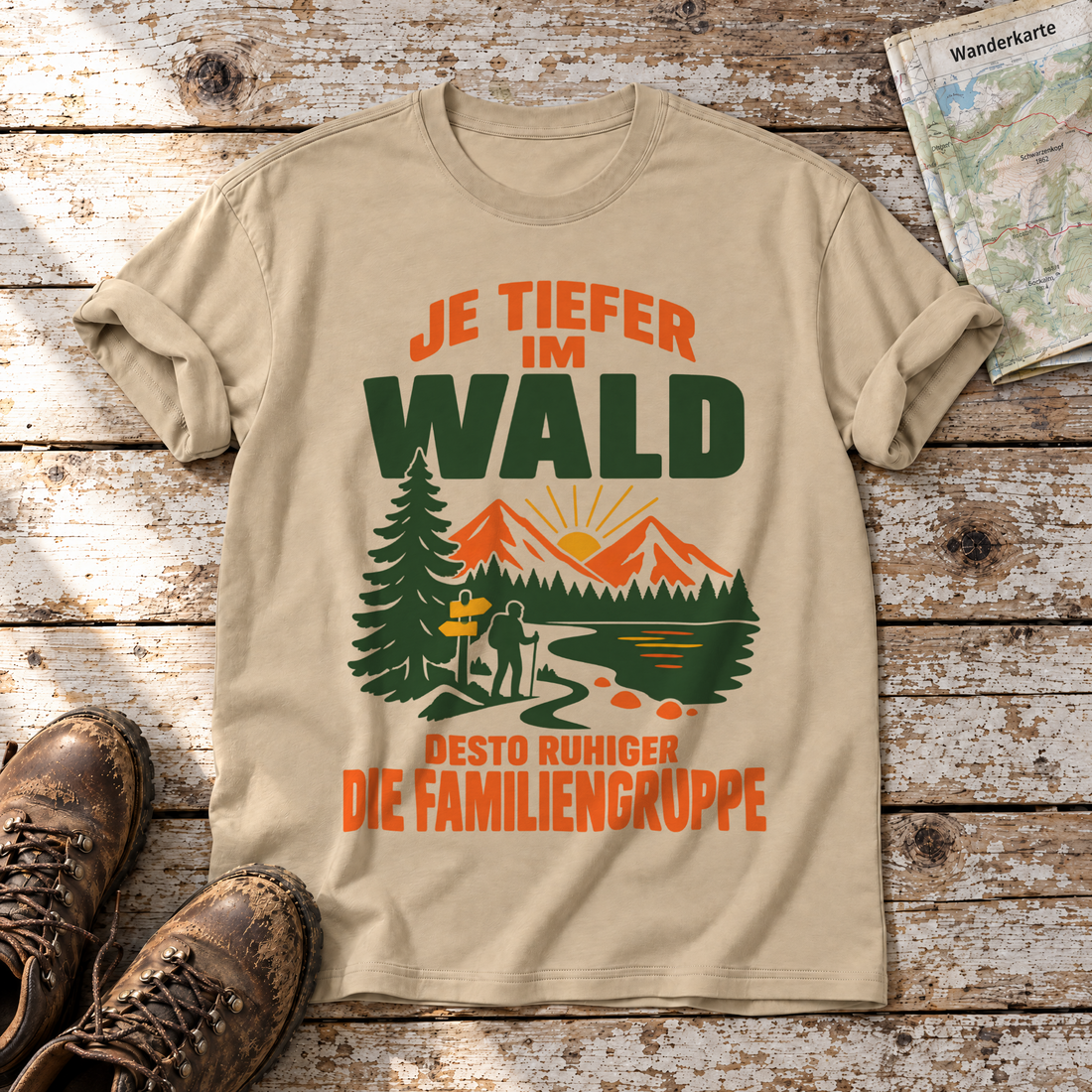 Desto ruhiger die Familiengruppe – T-Shirt Unisex in Sand, flach liegend auf alten Holzbrettern mit Wanderschuhen und Wanderkarte.