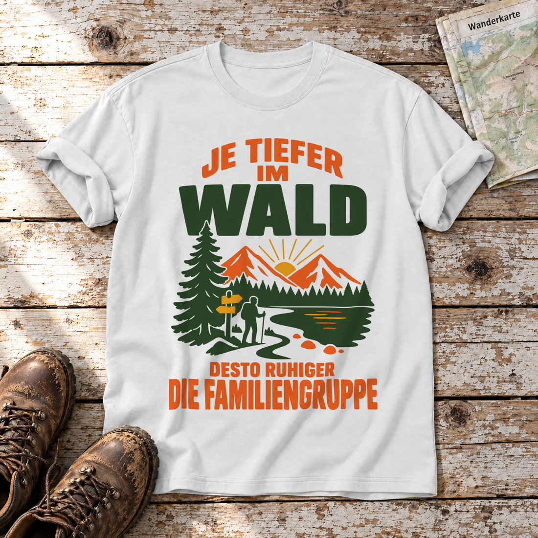 Desto ruhiger die Familiengruppe – T-Shirt Unisex in Weiß, flach liegend auf alten Holzbrettern mit Wanderschuhen und Wanderkarte.