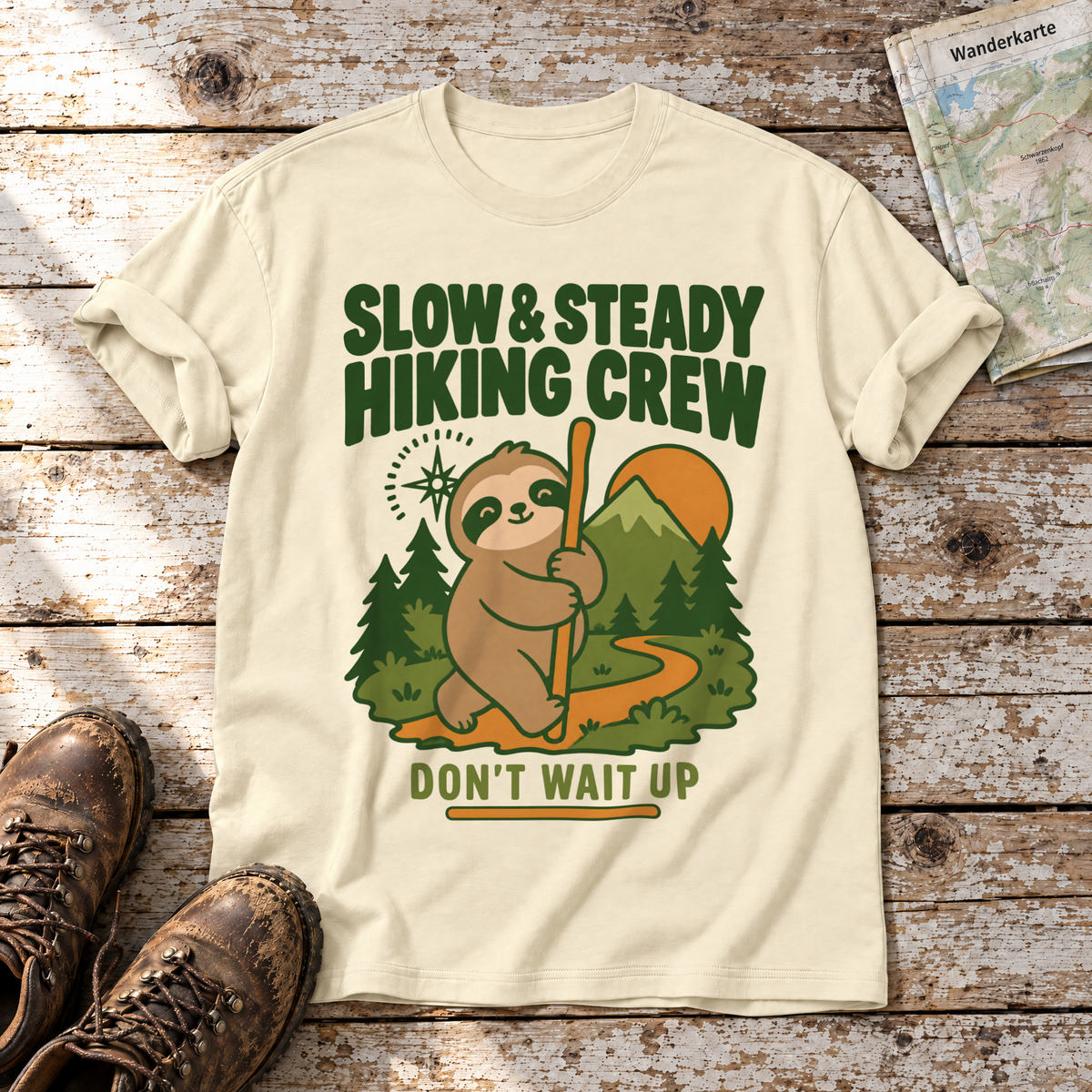 Slow & Steady Hiking Crew – T-Shirt Unisex in Natur, flach liegend auf alten Holzbrettern mit Wanderschuhen und Wanderkarte.