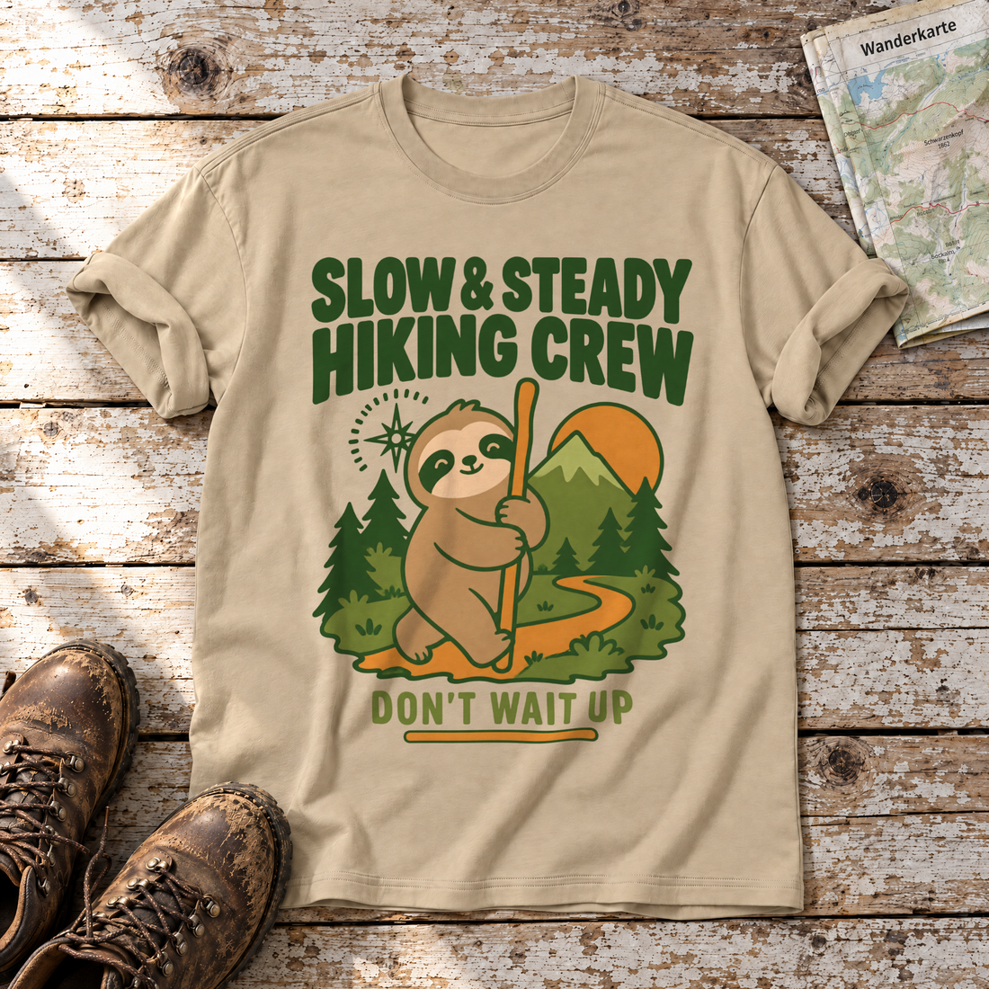 Slow & Steady Hiking Crew – T-Shirt Unisex in Sand, flach liegend auf alten Holzbrettern mit Wanderschuhen und Wanderkarte.