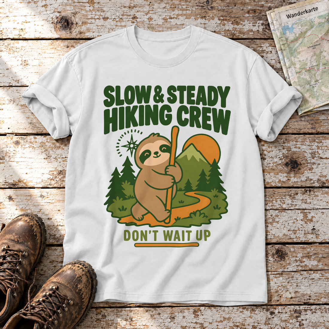 Slow & Steady Hiking Crew – T-Shirt Unisex in Weiß, flach liegend auf alten Holzbrettern mit Wanderschuhen und Wanderkarte.