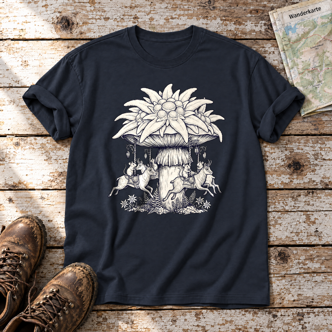 Edelweiß-Karussell – T-Shirt Unisex in Navy, flach liegend auf alten Holzbrettern mit Wanderschuhen und Wanderkarte.