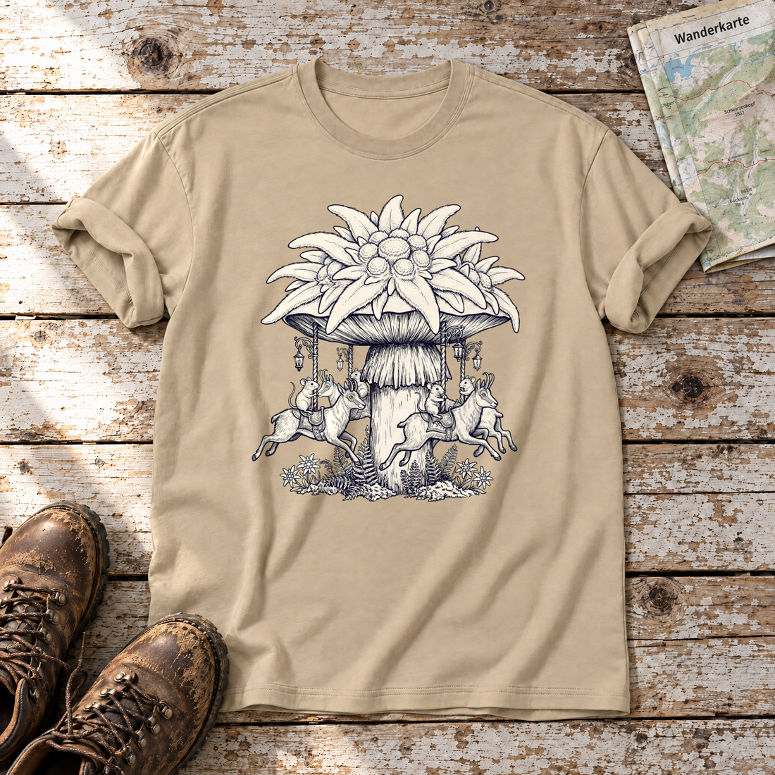Edelweiß-Karussell – T-Shirt Unisex in Sand, flach liegend auf alten Holzbrettern mit Wanderschuhen und Wanderkarte.
