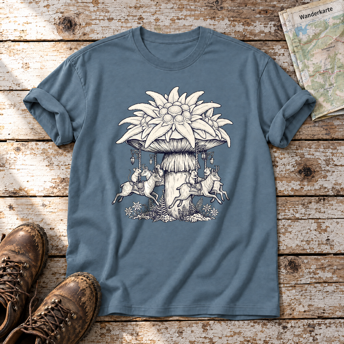Edelweiß-Karussell – T-Shirt Unisex in Steinblau, flach liegend auf alten Holzbrettern mit Wanderschuhen und Wanderkarte.