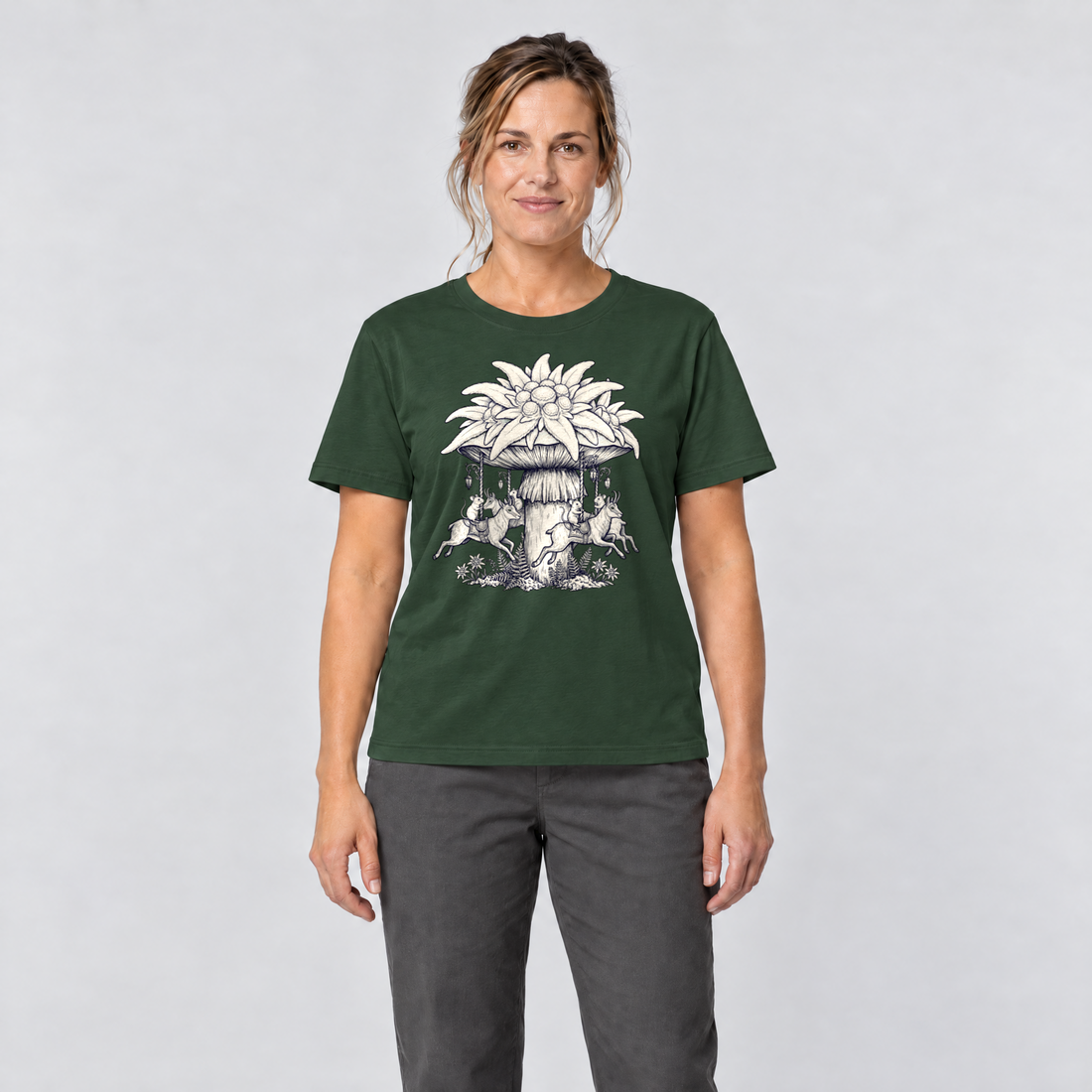 Frau trägt Edelweiß-Karussell – T-Shirt Unisex in Flaschengrün, Ansicht von vorn